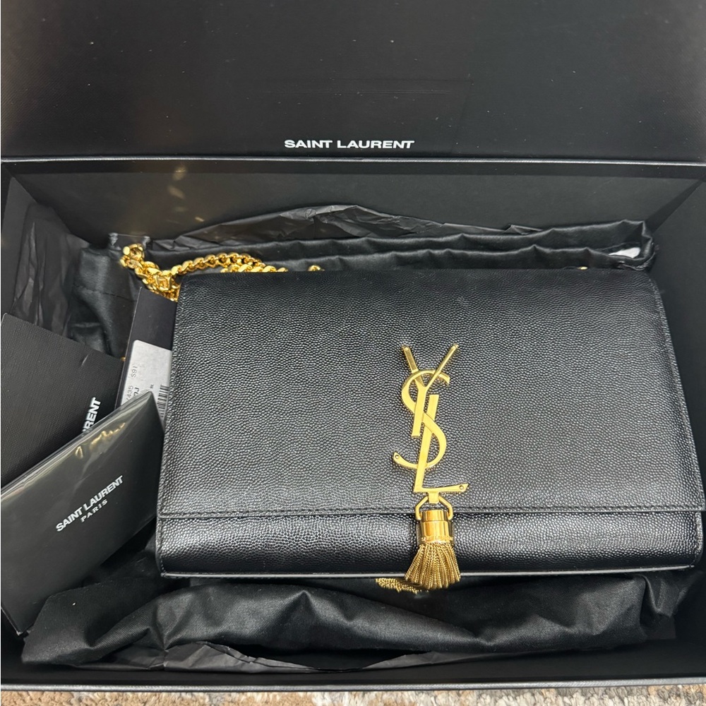 Yves Saint Laurent Black Leather Monogram Tassel Crossbody with Gold Hardware